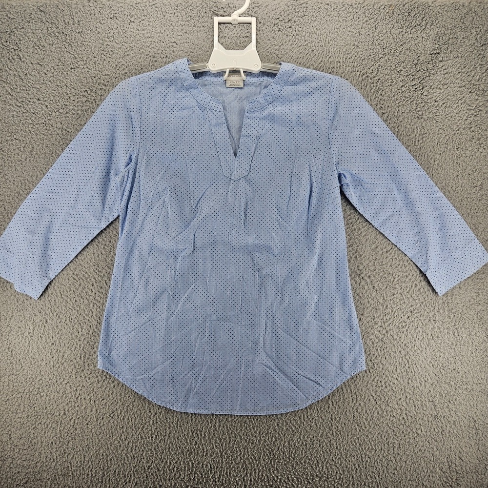 Van Heusen Womens XS Blue Striped Polka Dot V-Neck 3/4 Sleeve Blouse Top
